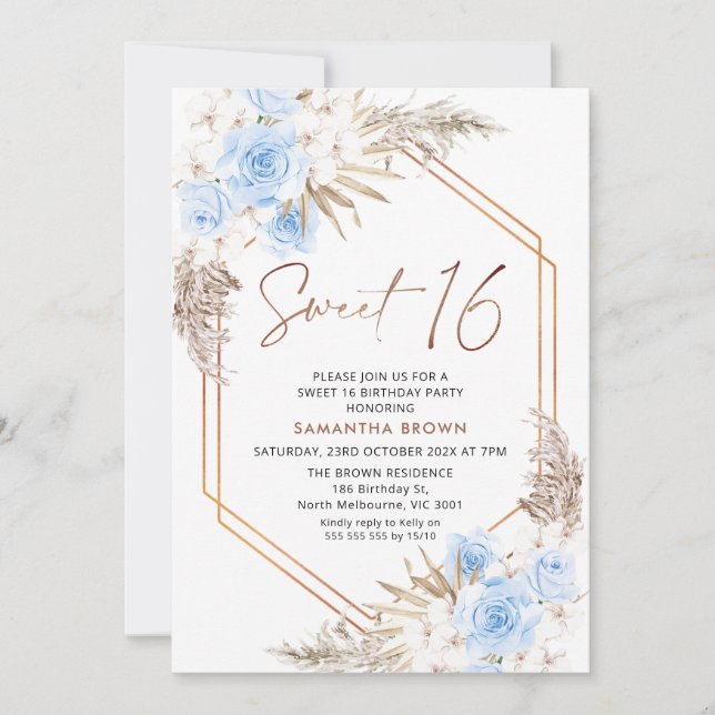 Blue Brown Boho Pampas Grass Sweet 16 Birthday Inbjudningar (Framsida)