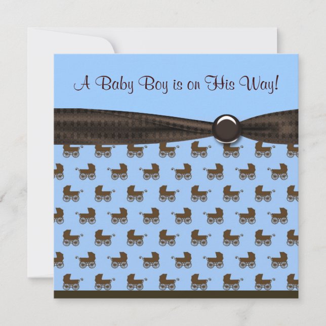 Blue Brown Bow Tie Baby Carriage Boy Shower Inbjudningar (Framsida)