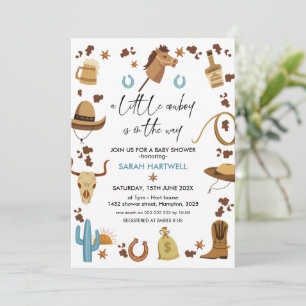 Blue Brown Boys Little Cowboy Baby Shower Inbjudningar