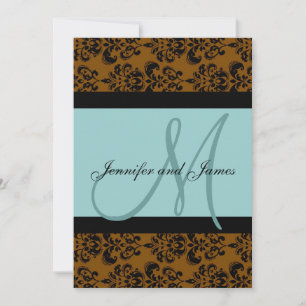 Blue Brown Damask Monogram bröllopsinbjudan Inbjudningar