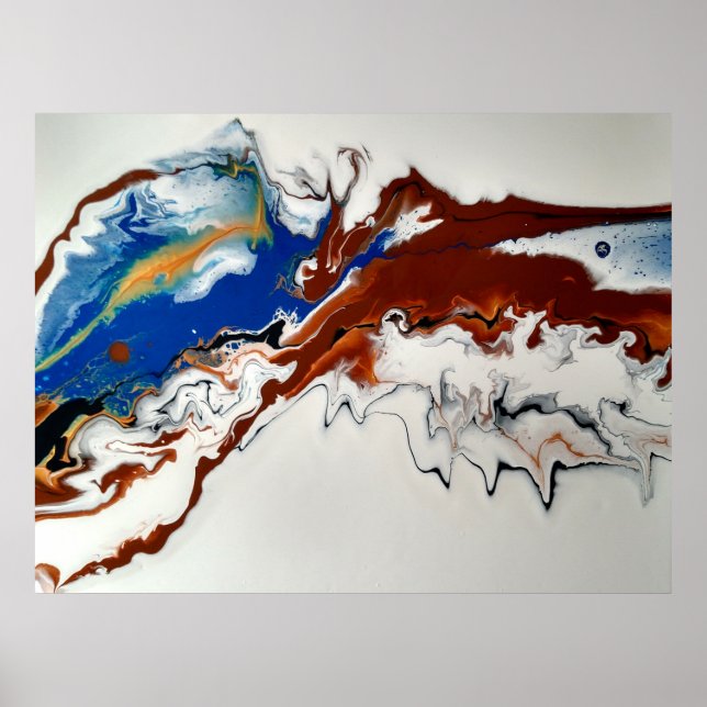 Blue Brown Guld Marble Abstrakt Fluid Art Poster (Framsidan)