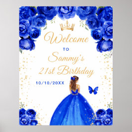 Blue Brown Hair Princess Birthday Välkommen Poster