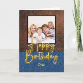 Blue & Brown leather Gold Script Dad Birthday Kort