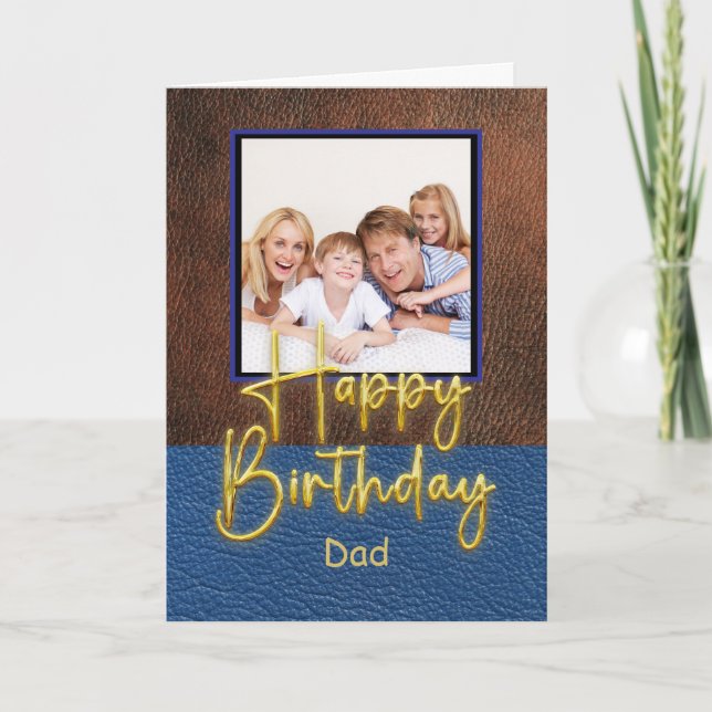 Blue & Brown leather Gold Script Dad Birthday Kort (Framsida)