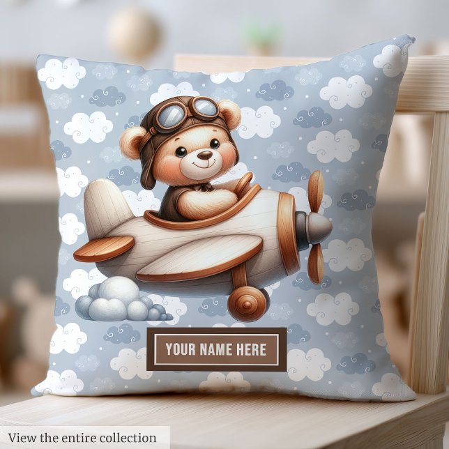 Blue Brown Nalle Baby Shower Personlig Kudde (Blue Brown Teddy Bear Baby Shower Personalized Throw Pillow)