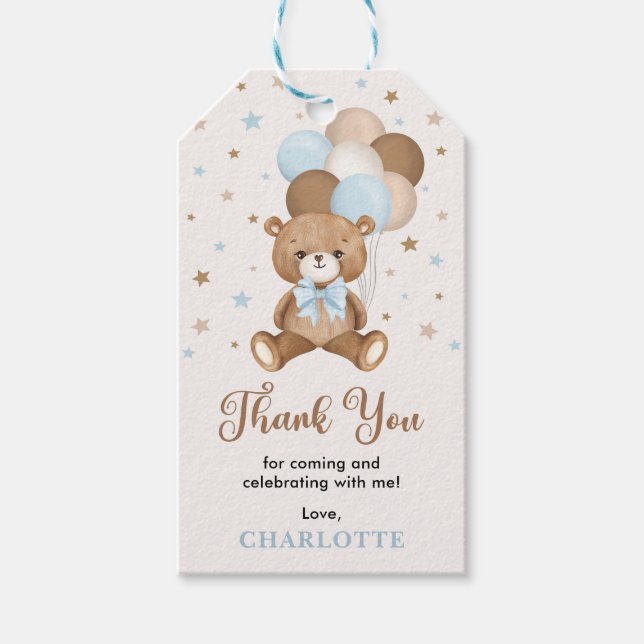 Blue Brown Nalle Baby Shower Tack Presentetikett (Framsidan)