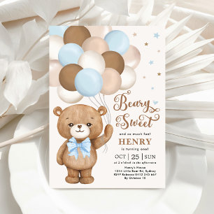 Blue Brown Nalle med Balloons Boy Birthday I Inbjudningar