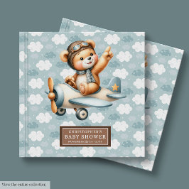Blue Brown Nalle Pilot Baby Shower Guest Bok