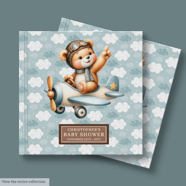 Blue Brown Nalle Pilot Baby Shower Guest Bok (Blue Brown Teddy Bear Pilot Baby Shower Guest Book)