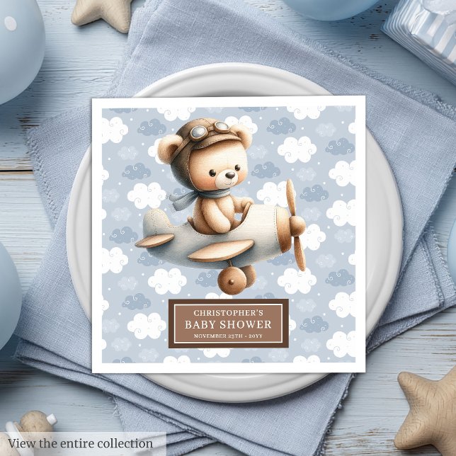 Blue Brown Nalle Pilot Napkins for Pojke Pappersservett (Blue Brown Teddy Bear Pilot Napkins for Baby Boys)