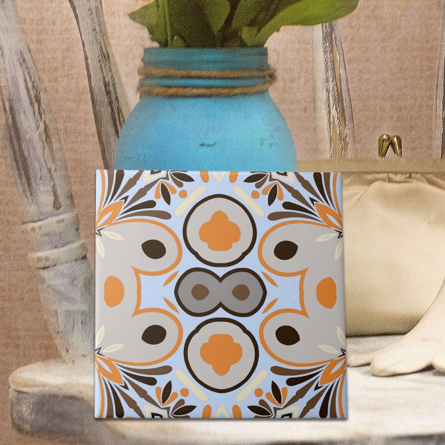 Blue Brown Orange Boho Ethnic Geometric Mönster Kakelplatta (Skapare uppladdad)
