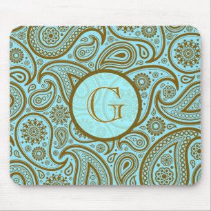 Blue & Brown Paisley Retro Mönster-Monogram Musmatta
