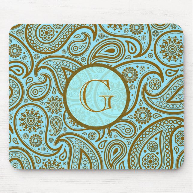 Blue & Brown Paisley Retro Mönster-Monogram Musmatta (Framsidan)