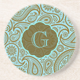 Blue & Brown Paisley Retro Mönster-Monogram Underlägg Sandsten