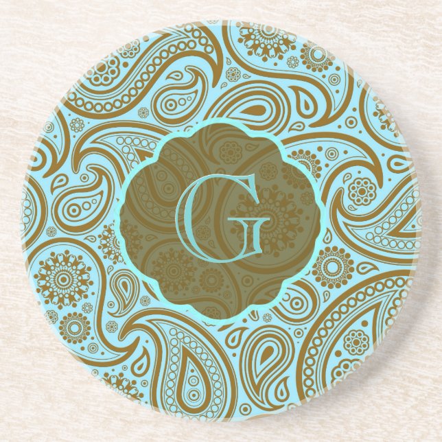 Blue & Brown Paisley Retro Mönster-Monogram Underlägg Sandsten (Framsidan)