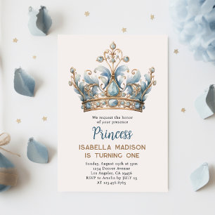Blue Brown Princess Krona 1:a födelsedag Party Inbjudningar
