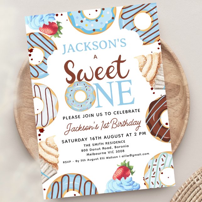 Blue Brown Sweet One Donut Birthday Inbjudningar (Editable Boys Donut Sweet One Birthday Party Invitation Template. Printable Boys 1st Birthday Donut)
