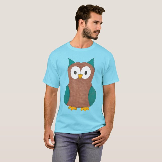Blue Brown Tecknad Uggla Ugglor Bird Tee Shirt (Hel framsida)