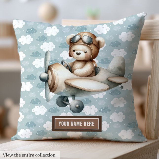 Blue Brown Teddy Pilot Pillow Anpassningsbar Pojke Kudde (Boy Baby Shower Pillow with Teddy Pilot Design)