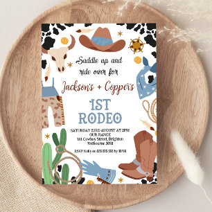 Blue Brown Twin Boys First Rodeo 1:a födelsedagen Inbjudningar