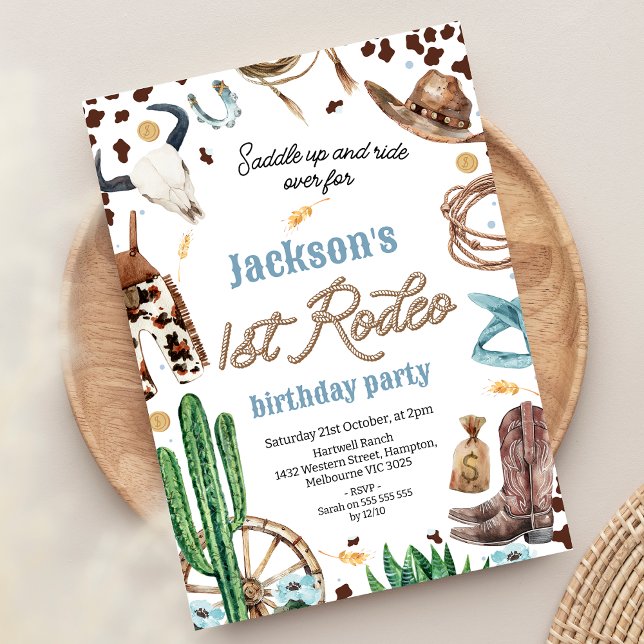 Blue Brown Western First Rodeo 1:a födelsedagen Inbjudningar (Boys 1st Rodeo Birthday Invitation My First Rodeo first Birthday Invite, Rope Text Blue Floral )