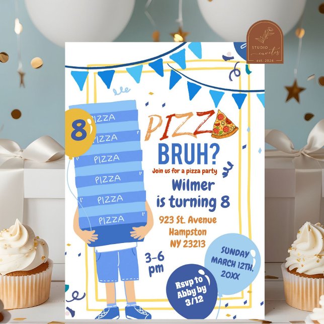 Blue Bruh you in Pizza and Balloon Birthday Boy Inbjudningar (Skapare uppladdad)