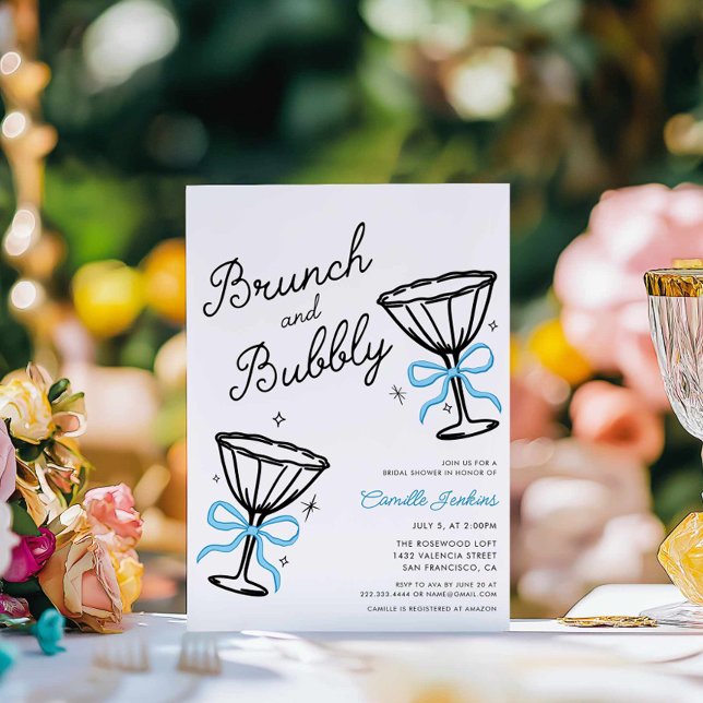 Blue Brunch och Bubly Hand plockade Inbjudningar (Blue Brunch and Bubbly Bridal Shower Invitation)