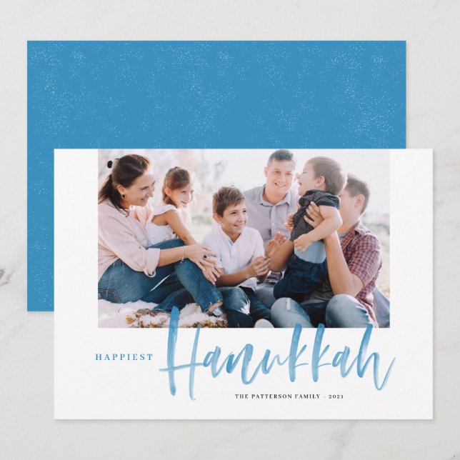 Blue Brush Calligraphy Happiest Hanukkah Photo (Fram/baksida)