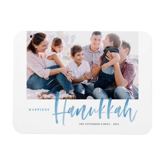 Blue Brush Calligraphy Happiest Hanukkah Photo Magnet (Horisontell)