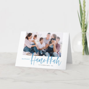 Blue Brush Lettering Happiest Hanukkah Photo Helgkort