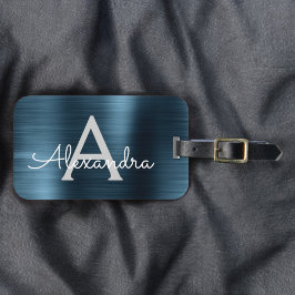 Blue Brushed Metall Monogram Namn och Initial Bagagebricka