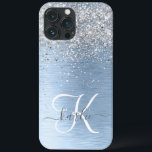 Blue Brushed Metall Silver Glitter Monogram Namn<br><div class="desc">Anpassa enkelt den här chicen av trendig-höljet med söt silver mousserande glitter på blå,  borstad metallisk bakgrund.</div>