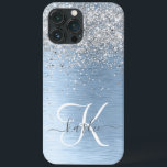 Blue Brushed Metall Silver Glitter Monogram Namn<br><div class="desc">Anpassa enkelt den här chicen av trendig-höljet med söt silver mousserande glitter på blå,  borstad metallisk bakgrund.</div>