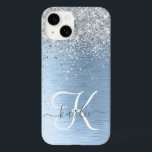 Blue Brushed Metall Silver Glitter Monogram Namn<br><div class="desc">Anpassa enkelt den här chicen av trendig-höljet med söt silver mousserande glitter på blå,  borstad metallisk bakgrund.</div>