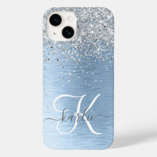 Blue Brushed Metall Silver Glitter Monogram Namn
