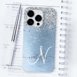 Blue Brushed Metall Silver Glitter Monogram Namn<br><div class="desc">Anpassa enkelt den här chicen av trendig-höljet med söt silver mousserande glitter på blå,  borstad metallisk bakgrund.</div>