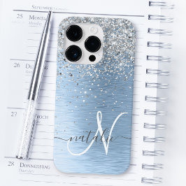 Blue Brushed Metall Silver Glitter Monogram Namn