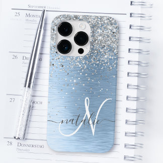 Blue Brushed Metall Silver Glitter Monogram Namn