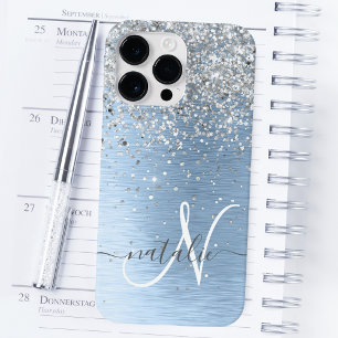 Blue Brushed Metall Silver Glitter Monogram Namn