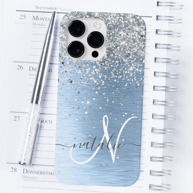Blue Brushed Metall Silver Glitter Monogram Namn (Skapare uppladdad)