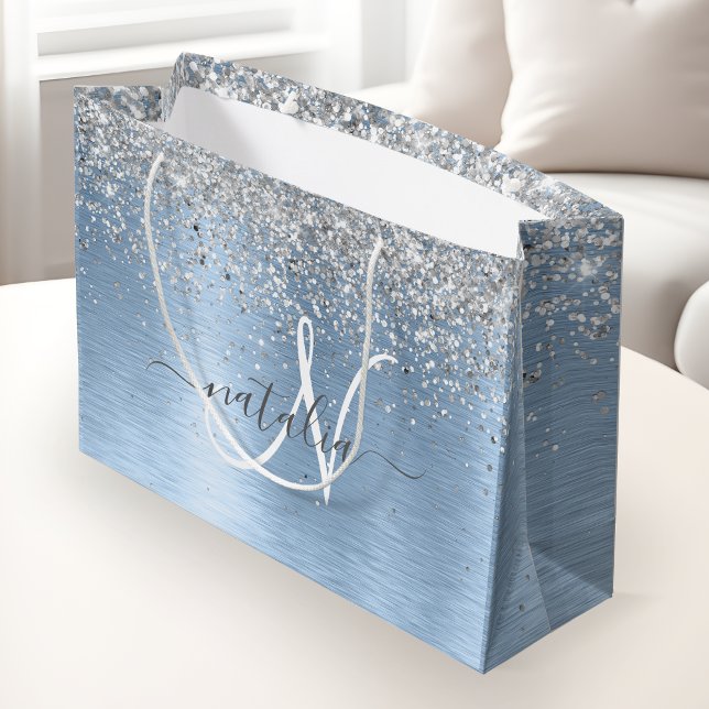 Blue Brushed Metall Silver Glitter Monogram Namn (Skapare uppladdad)