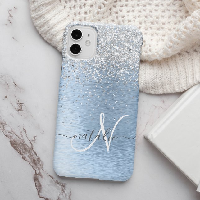 Blue Brushed Metall Silver Glitter Monogram Namn (Skapare uppladdad)