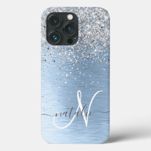 Blue Brushed Metall Silver Glitter Monogram Namn