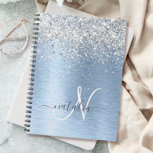 Blue Brushed Metall Silver Glitter Monogram Namn Anteckningsbok