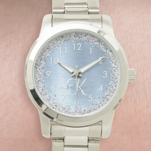 Blue Brushed Metall Silver Glitter Monogram Namn Armbandsur