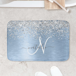 Blue Brushed Metall Silver Glitter Monogram Namn Badrumsmatta