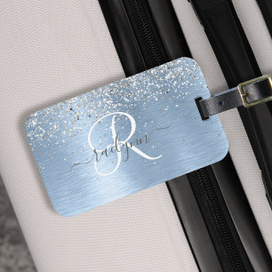 Blue Brushed Metall Silver Glitter Monogram Namn Bagagebricka