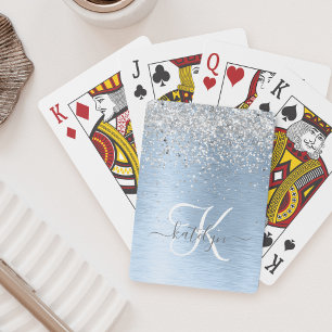 Blue Brushed Metall Silver Glitter Monogram Namn Casinokort