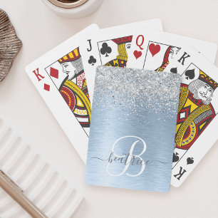 Blue Brushed Metall Silver Glitter Monogram Namn Casinokort