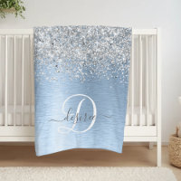Blue Brushed Metall Silver Glitter Monogram Namn
